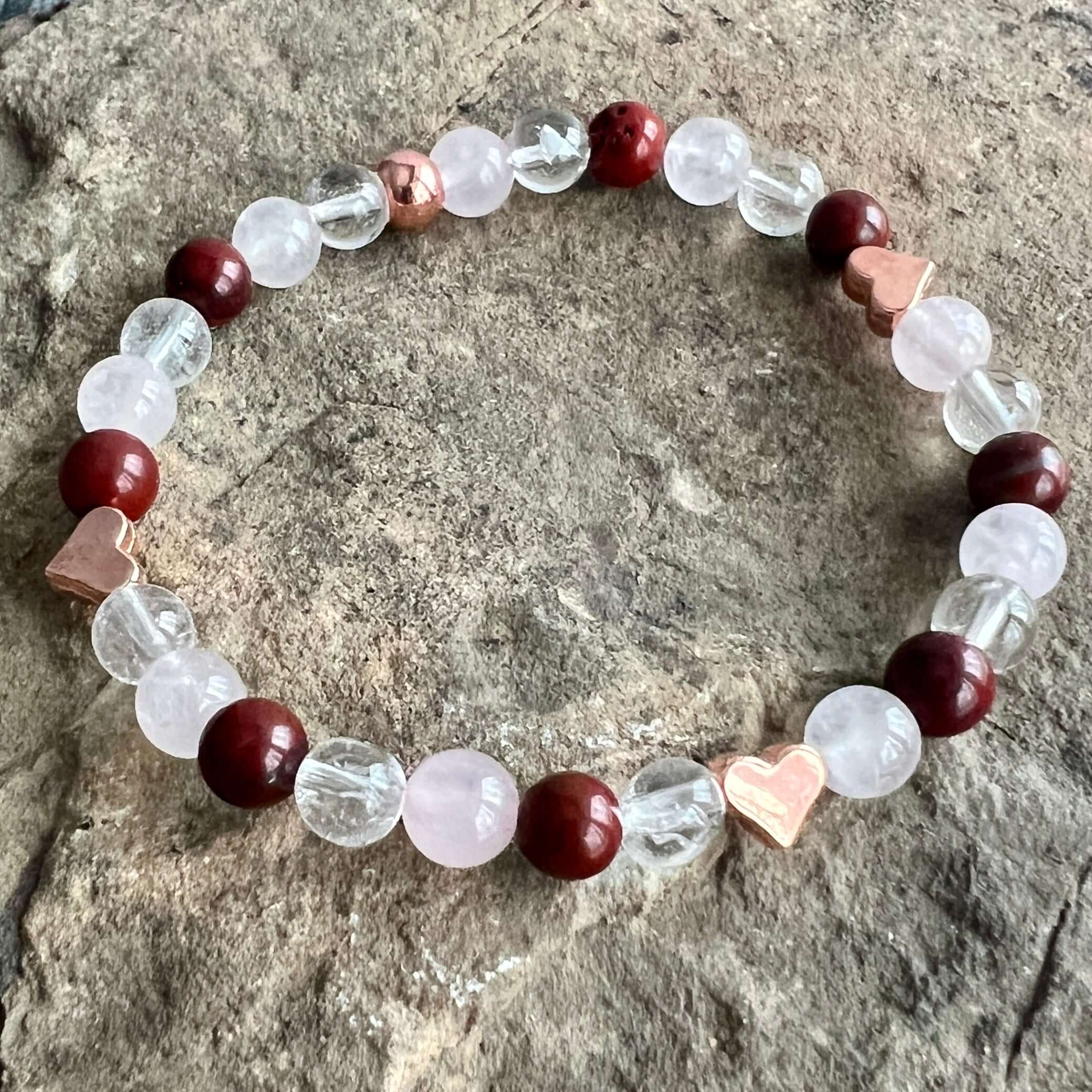Valentine's Bracelet Spread some love this Valentine’s season with this cute bracelet made with Rose Quartz, Clear Quartz, and Red Jasper stones. The energy of these stones are full of love - for others AND for yourself! Plus the Red Jasper will help you