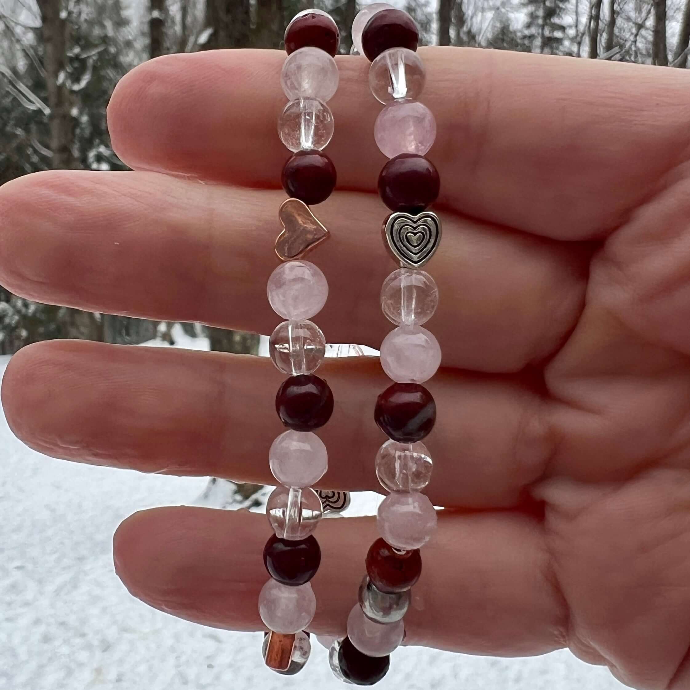 Valentine's Bracelet Spread some love this Valentine’s season with this cute bracelet made with Rose Quartz, Clear Quartz, and Red Jasper stones. The energy of these stones are full of love - for others AND for yourself! Plus the Red Jasper will help you