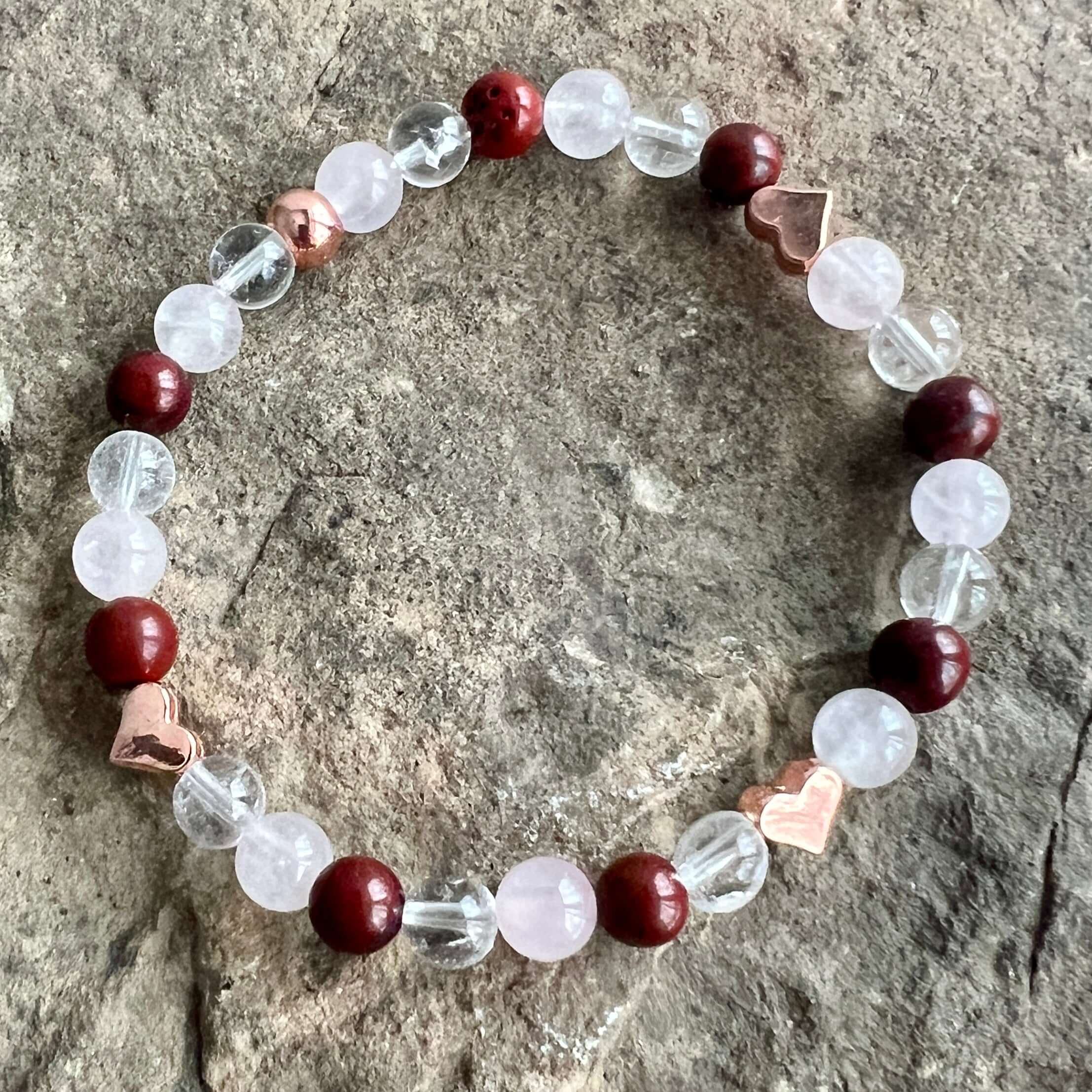 Valentine's Bracelet Spread some love this Valentine’s season with this cute bracelet made with Rose Quartz, Clear Quartz, and Red Jasper stones. The energy of these stones are full of love - for others AND for yourself! Plus the Red Jasper will help you