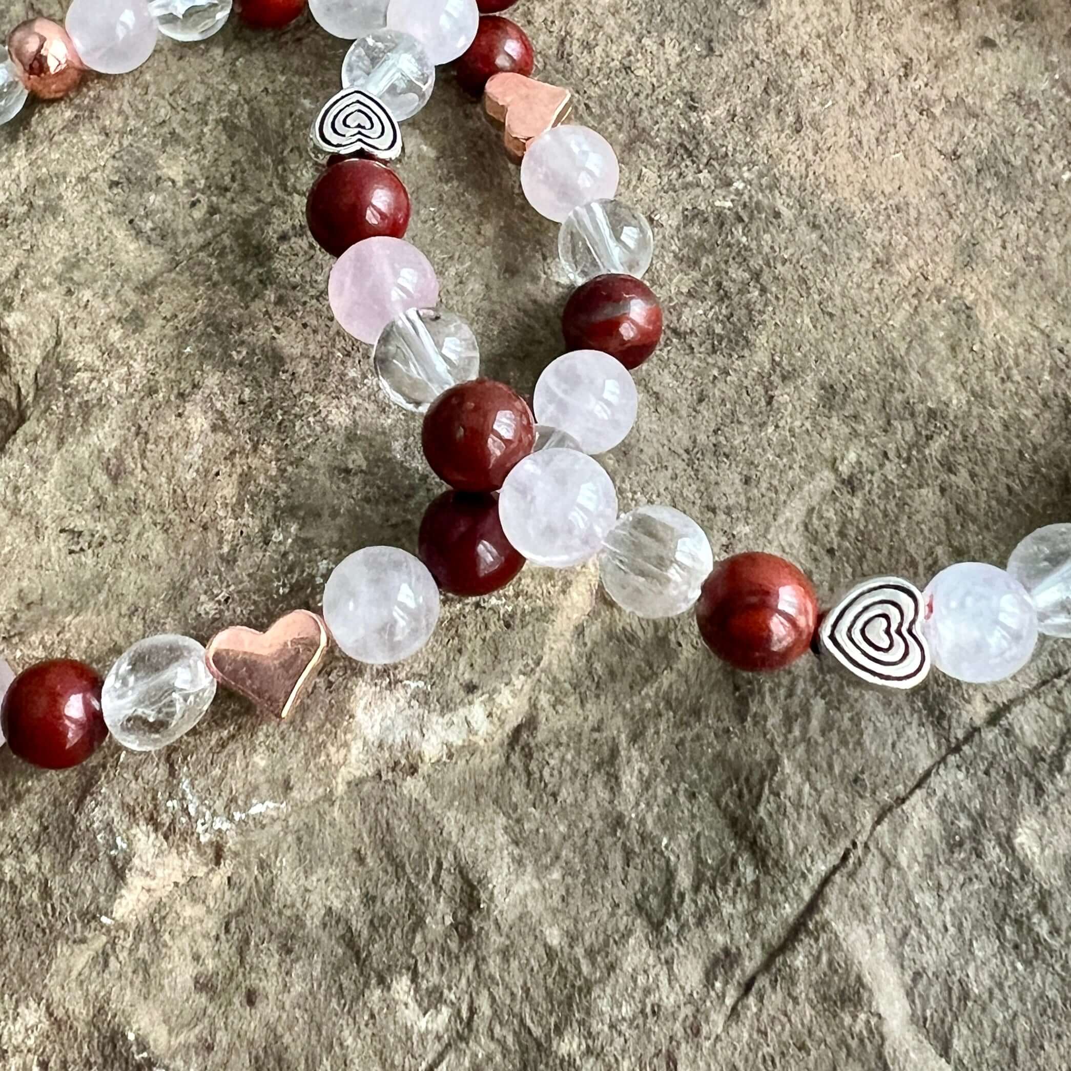 Valentine's Bracelet Spread some love this Valentine’s season with this cute bracelet made with Rose Quartz, Clear Quartz, and Red Jasper stones. The energy of these stones are full of love - for others AND for yourself! Plus the Red Jasper will help you
