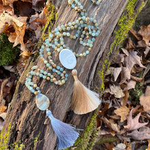 Load image into Gallery viewer, Lemurian Aquatine Calcite Mala The name of this particular calcite probably came about because of its distinct ocean blue and tan bands, denoting a strong land/water connection. Also known as Blue Argentinian Calcite, Argentinian Blue Onyx and Argentinian
