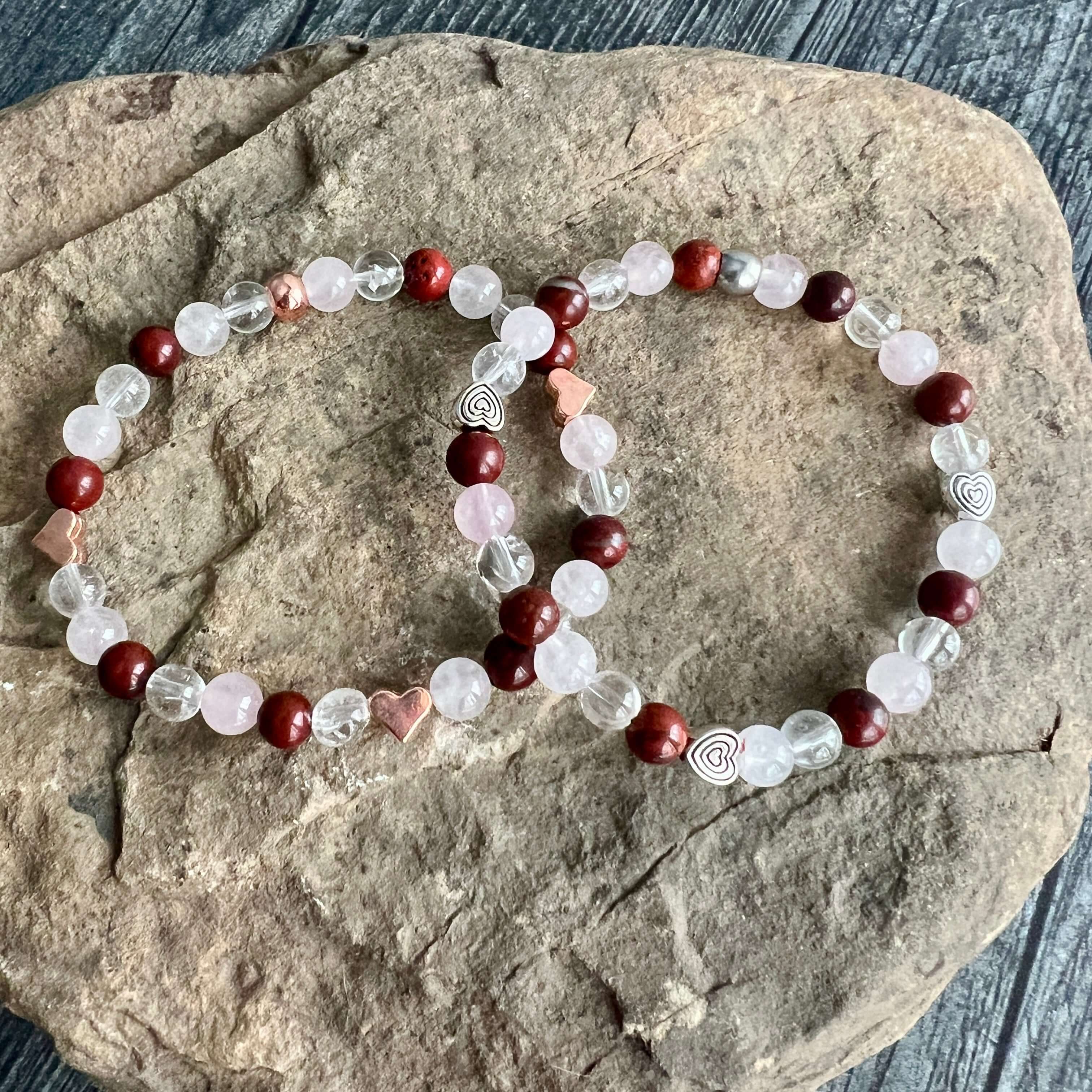 Valentine's Bracelet Spread some love this Valentine’s season with this cute bracelet made with Rose Quartz, Clear Quartz, and Red Jasper stones. The energy of these stones are full of love - for others AND for yourself! Plus the Red Jasper will help you