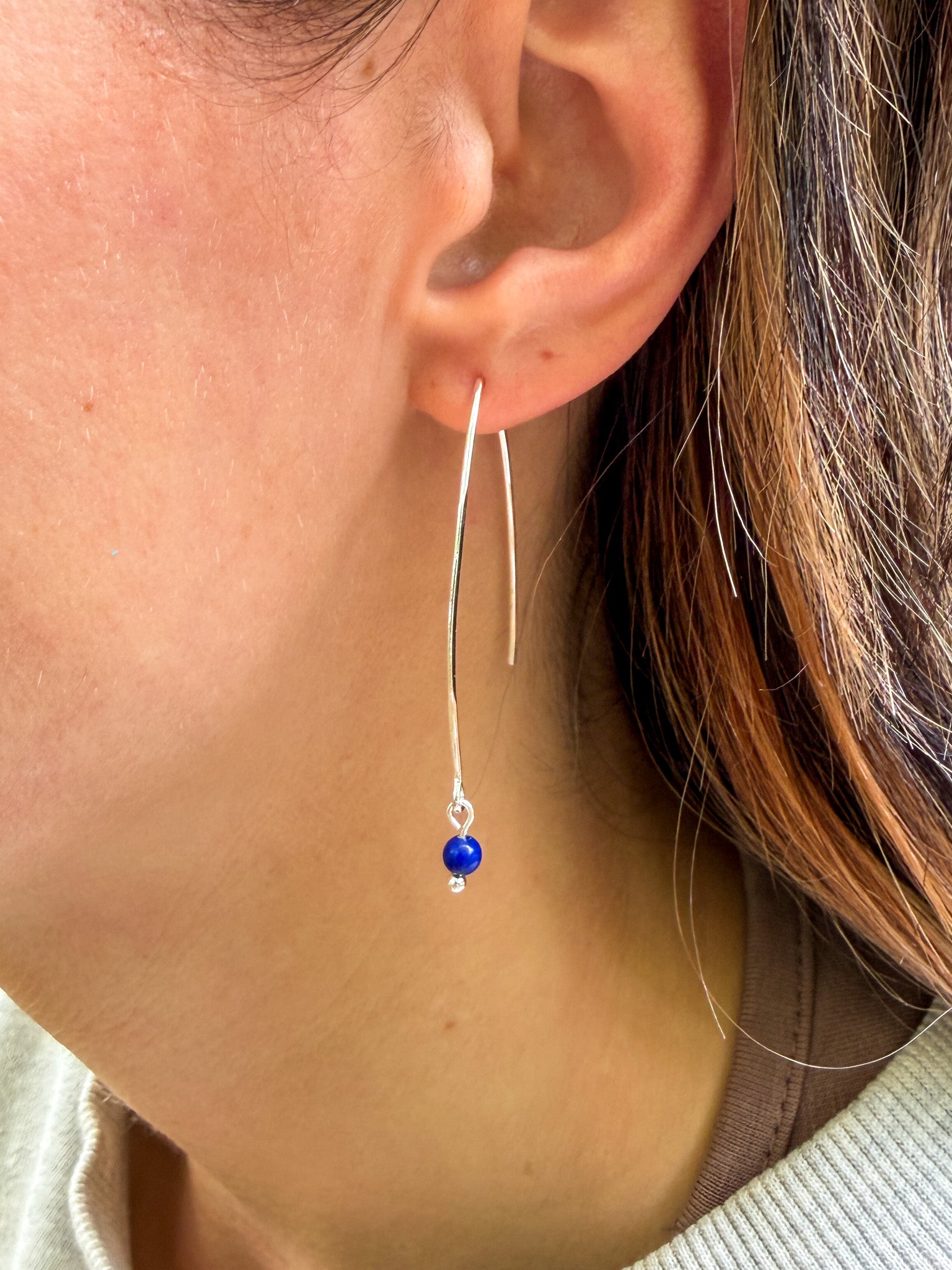 Natural Lapis Lazuli earrings with 4mm blue gemstones and stainless steel elongated ear wires