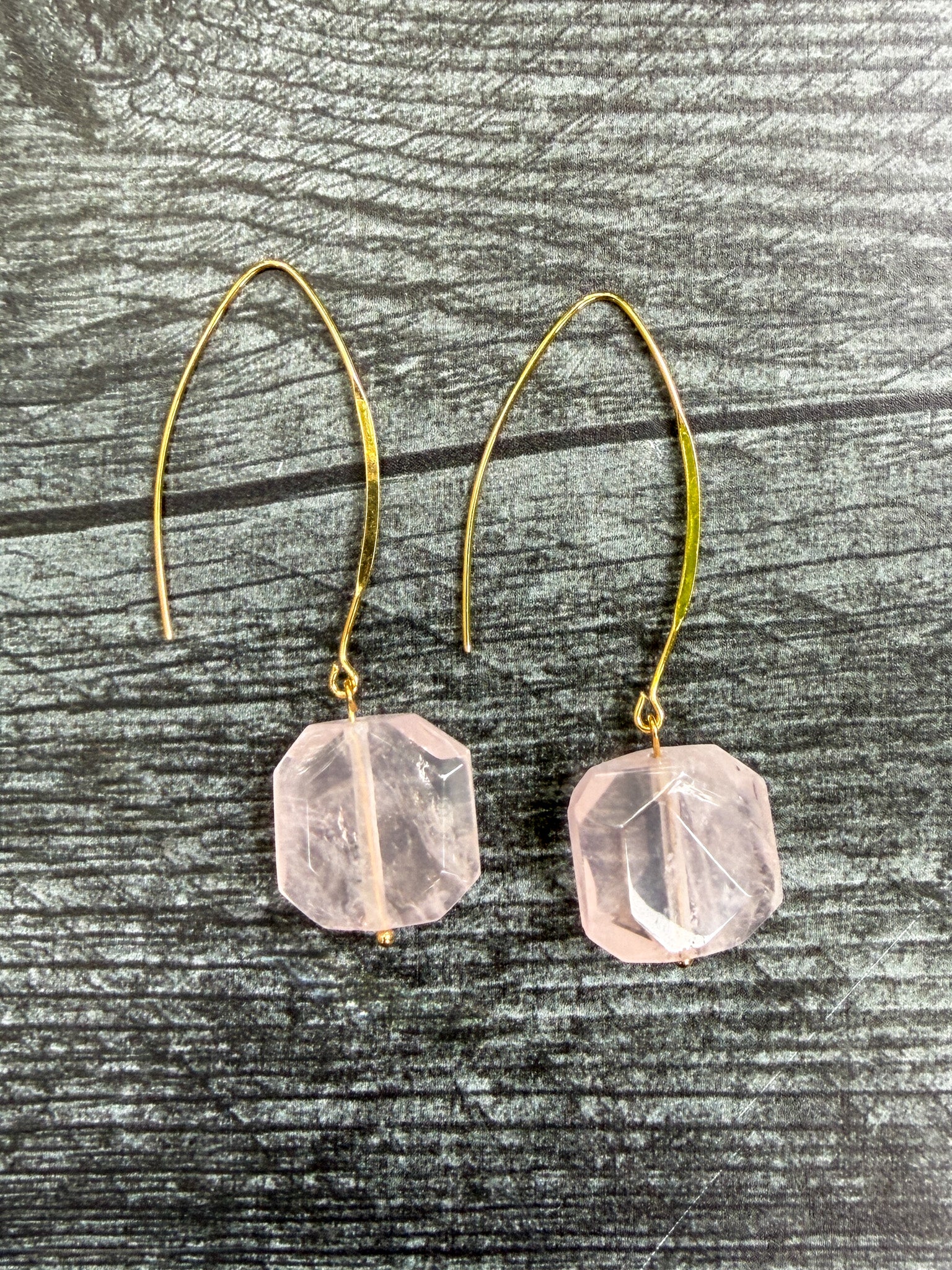 Handcrafted Rose Quartz earrings with faceted octagon natural gemstones on gold-plated stainless steel elongated ear wires
