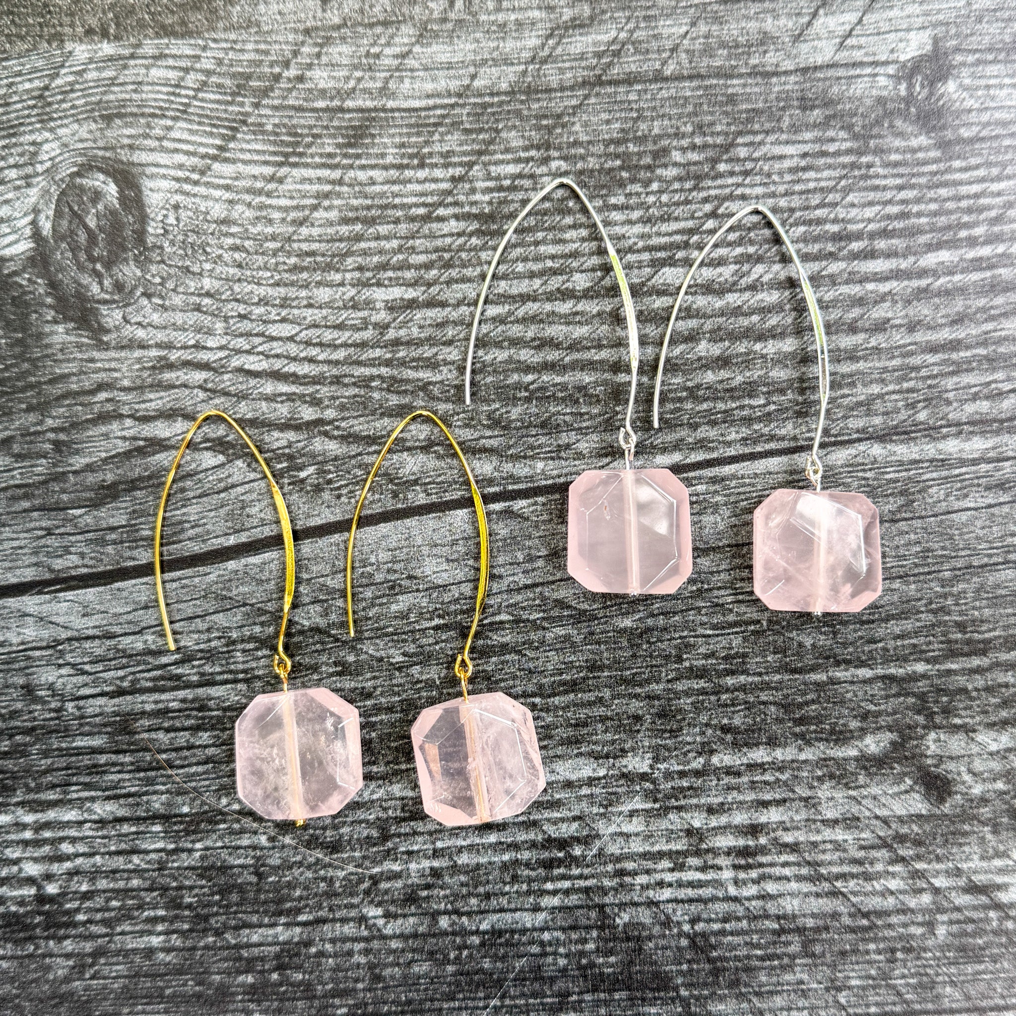 Pair of handcrafted Rose Quartz earrings with natural faceted octagon gemstones and elongated ear wires