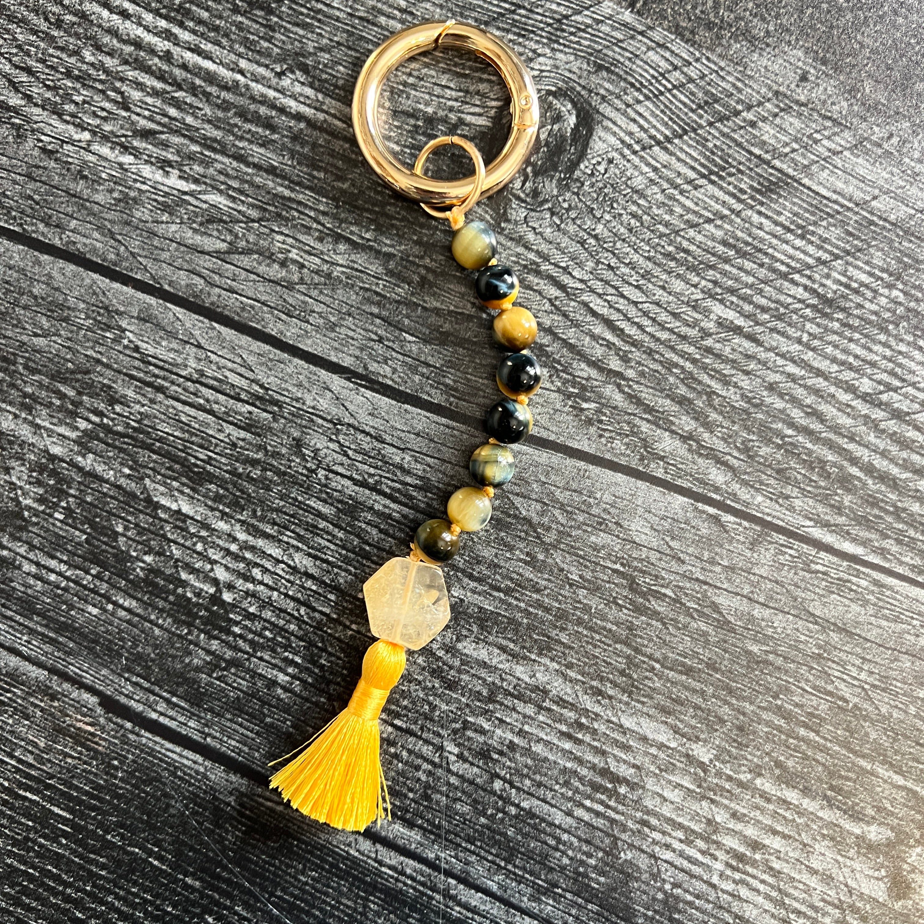 Blue Tiger Eye and Citrine Gemstone Keychain