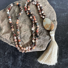 Load image into Gallery viewer, Ancient Cellar Black Agate Mala This mala is made with high-quality Ancient Cellar Agate &amp; Amazonite stones which provide grounding, calmness and strength to its wearer.
