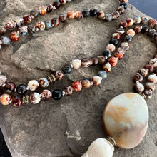 Load image into Gallery viewer, Ancient Cellar Black Agate Mala This mala is made with high-quality Ancient Cellar Agate &amp; Amazonite stones which provide grounding, calmness and strength to its wearer.
