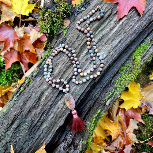 Sonora Jasper Mala This mala is made with high-quality Sonora and Red Creek Jasper gemstones which bring connection and tranquility to the wearer. Zodiac Signs: Aries and Scorpio. Chakras: Root and Sacral. Handmade with authentic crystals & gemstones in M