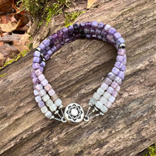 Load image into Gallery viewer, Silky Fluorite Stacked Bracelet Silky Fluorite is a rare form of Fluorite with a silky opaque luster. The luster appearance is from quartz inclusions. These quartz inclusions influence the passing of light through the mineral thus creating a silky, fibrou
