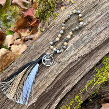 Load image into Gallery viewer, Black Moss Opal Wrist Mala This mala is made with authentic Black Moss Opal gemstones, which provide inspiration and prosperity for the wearer. Zodiac Signs: Scorpio &amp; Libra. Chakras: Root. Handmade with authentic crystals and gemstones in Minneapolis, MN
