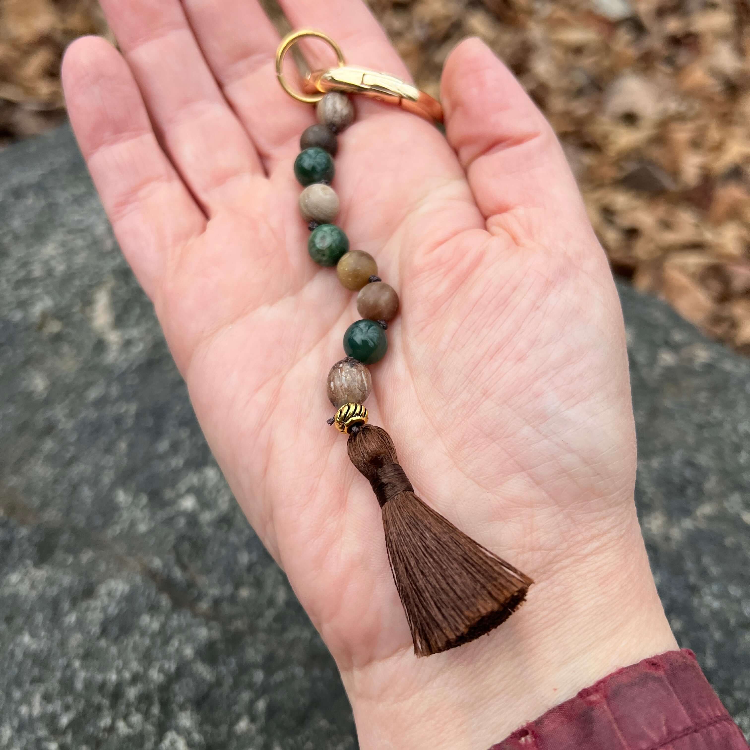 Wood Opal & Moss Agate Gemstone Keychain