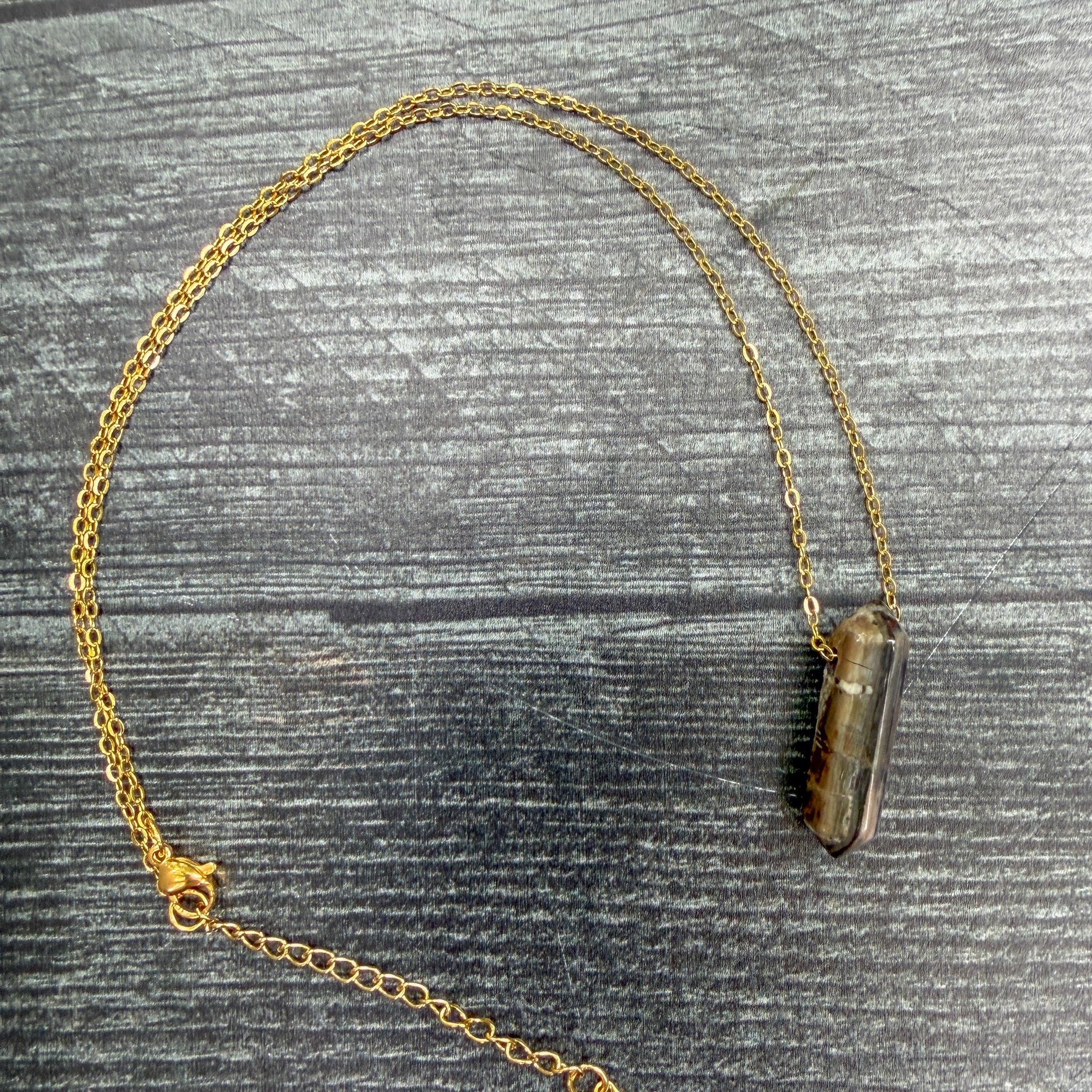 Woodland one-of-a-kind Petrified Wood Agate Point Necklace on gold stainless steel chain