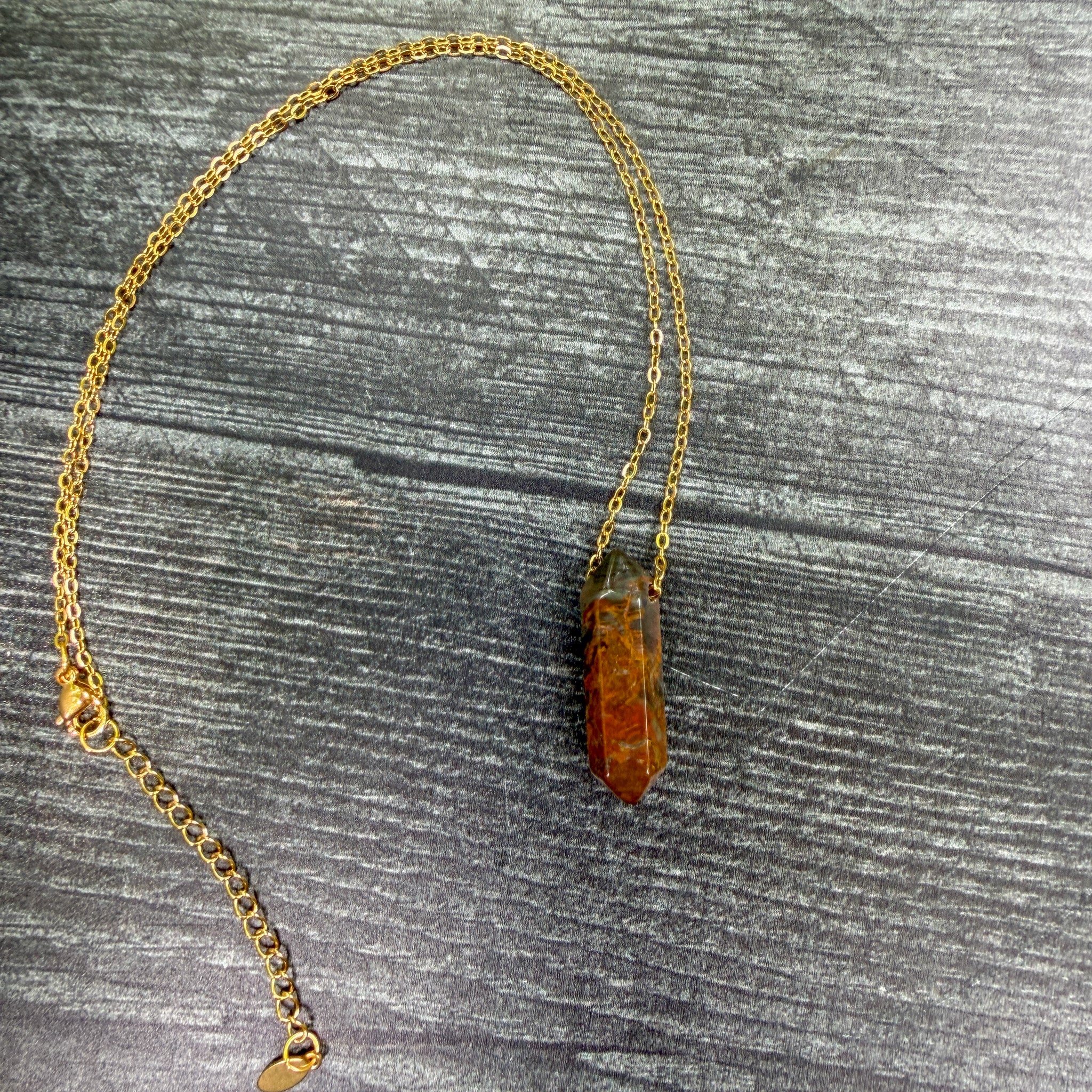Autumn Forest one-of-a-kind Petrified Wood Agate Point Necklace on gold stainless steel chain