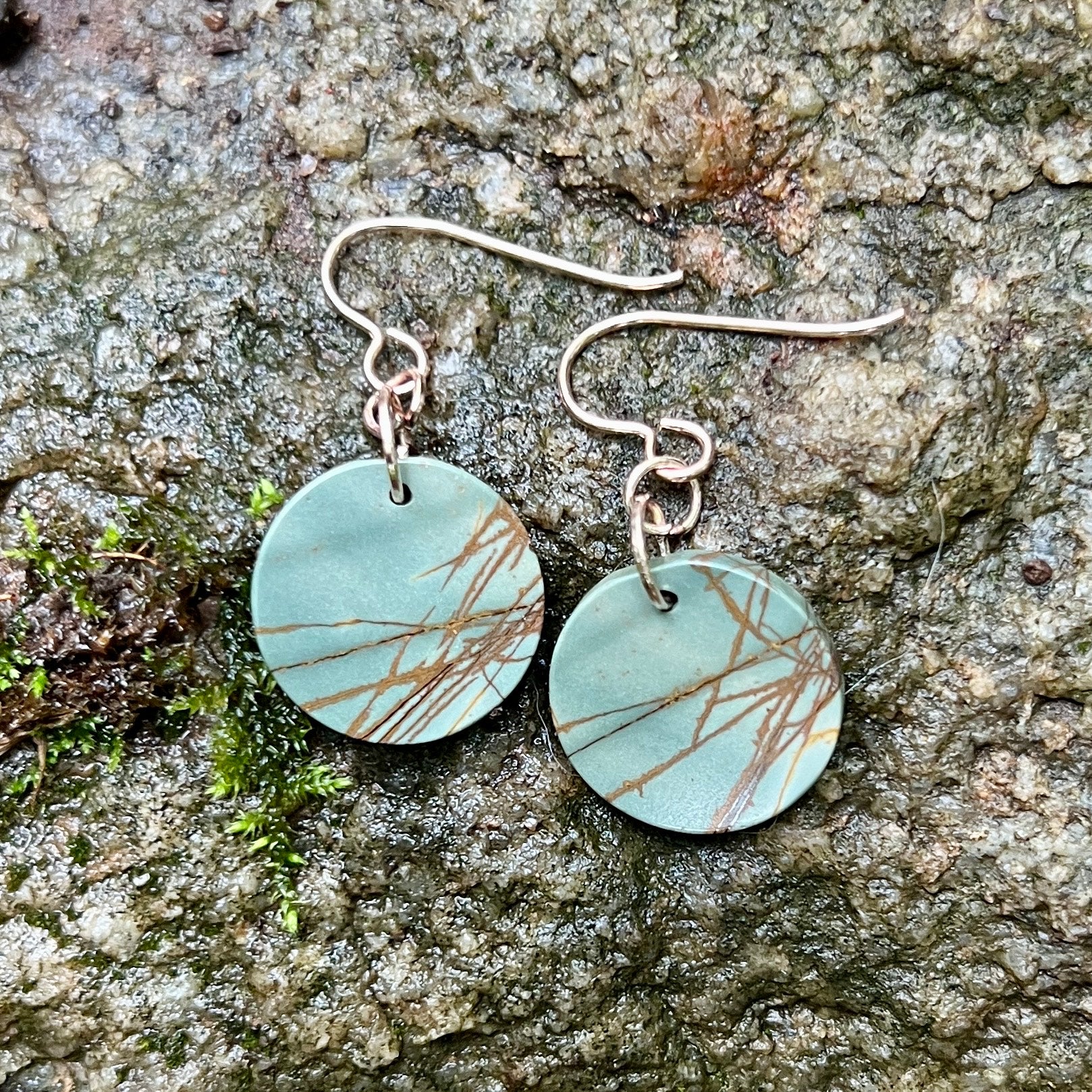 Red Creek Jasper Earrings – Rose Gold Hooks, 18mm Gemstone