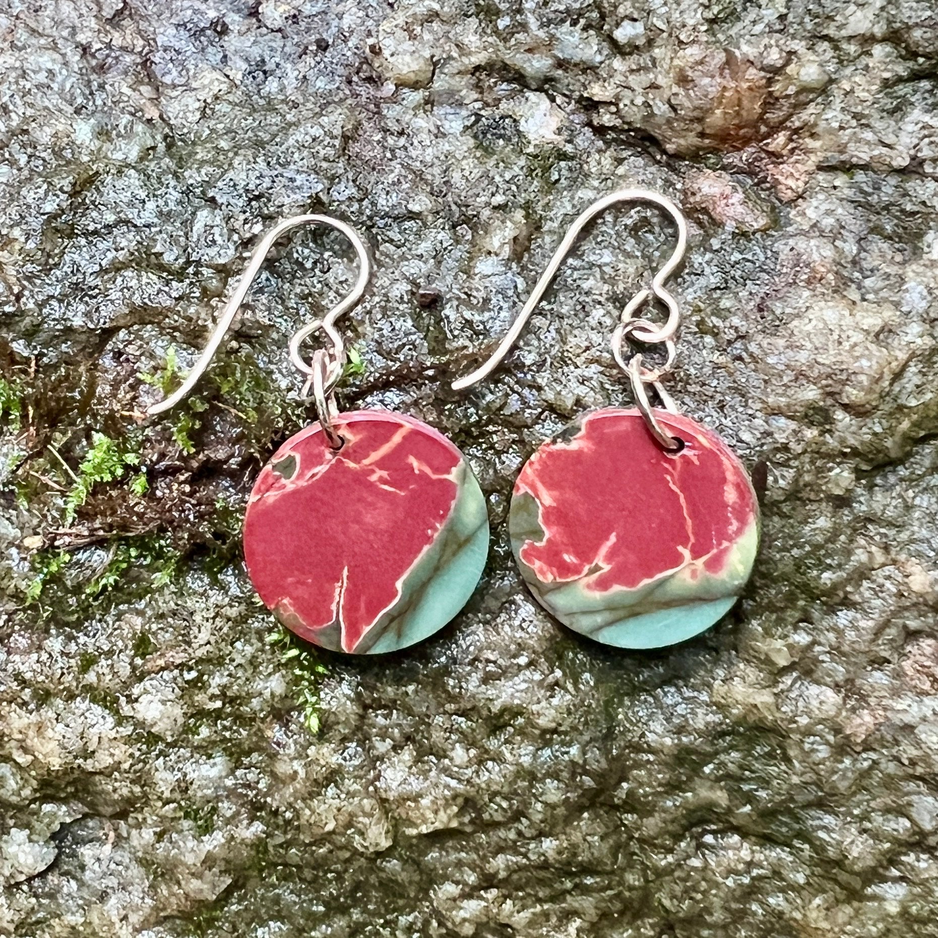 Red Creek Jasper Earrings – Rose Gold Hooks, 18mm Gemstone