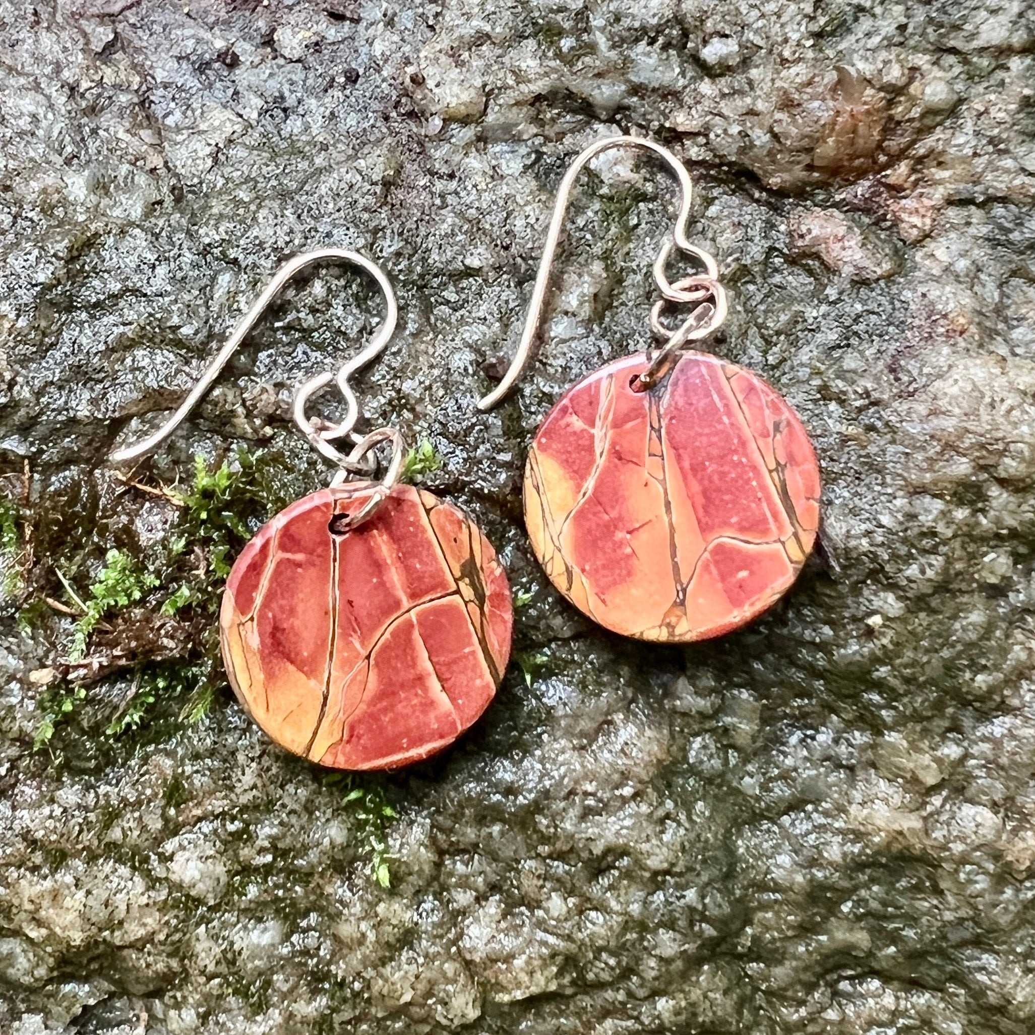 Red Creek Jasper Earrings – Rose Gold Hooks, 18mm Gemstone