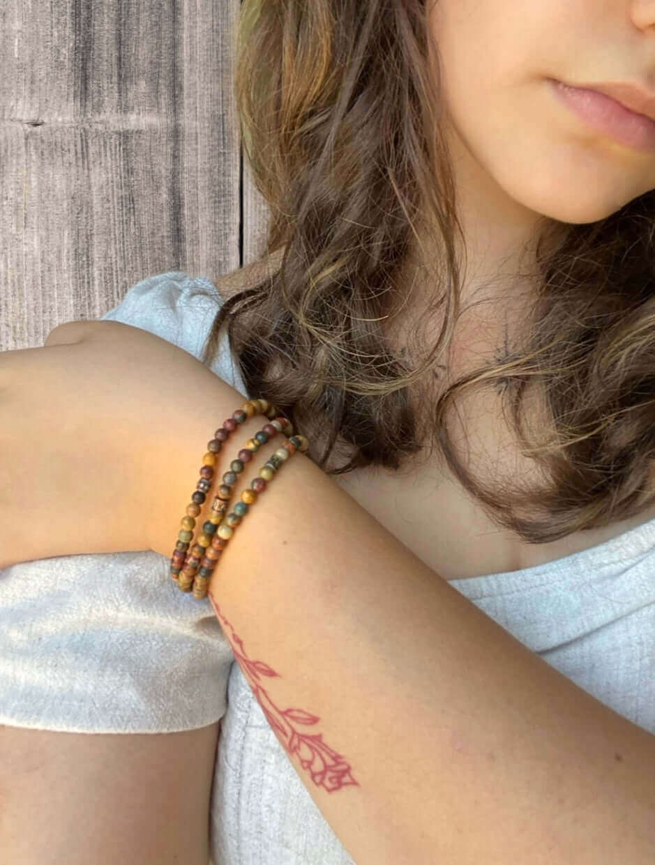 Red Creek Jasper Bracelet This bracelet is made with high-quality Red Creek Jasper gemstones which bring grounding energy to the wearer. Zodiac Signs: Aries and Scorpio. Chakras: Root and Sacral. Handmade with authentic crystals & gemstones in Minneapolis