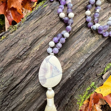 Load image into Gallery viewer, Third Eye Chakra Mala The Third Eye Chakra Mala is designed to help you tune into your inner voice and intuition. Handmade with multiple forms of matte Amethyst and Porcelain Jasper stones, the Third Eye Chakra Mala provides the wearer with energy that al
