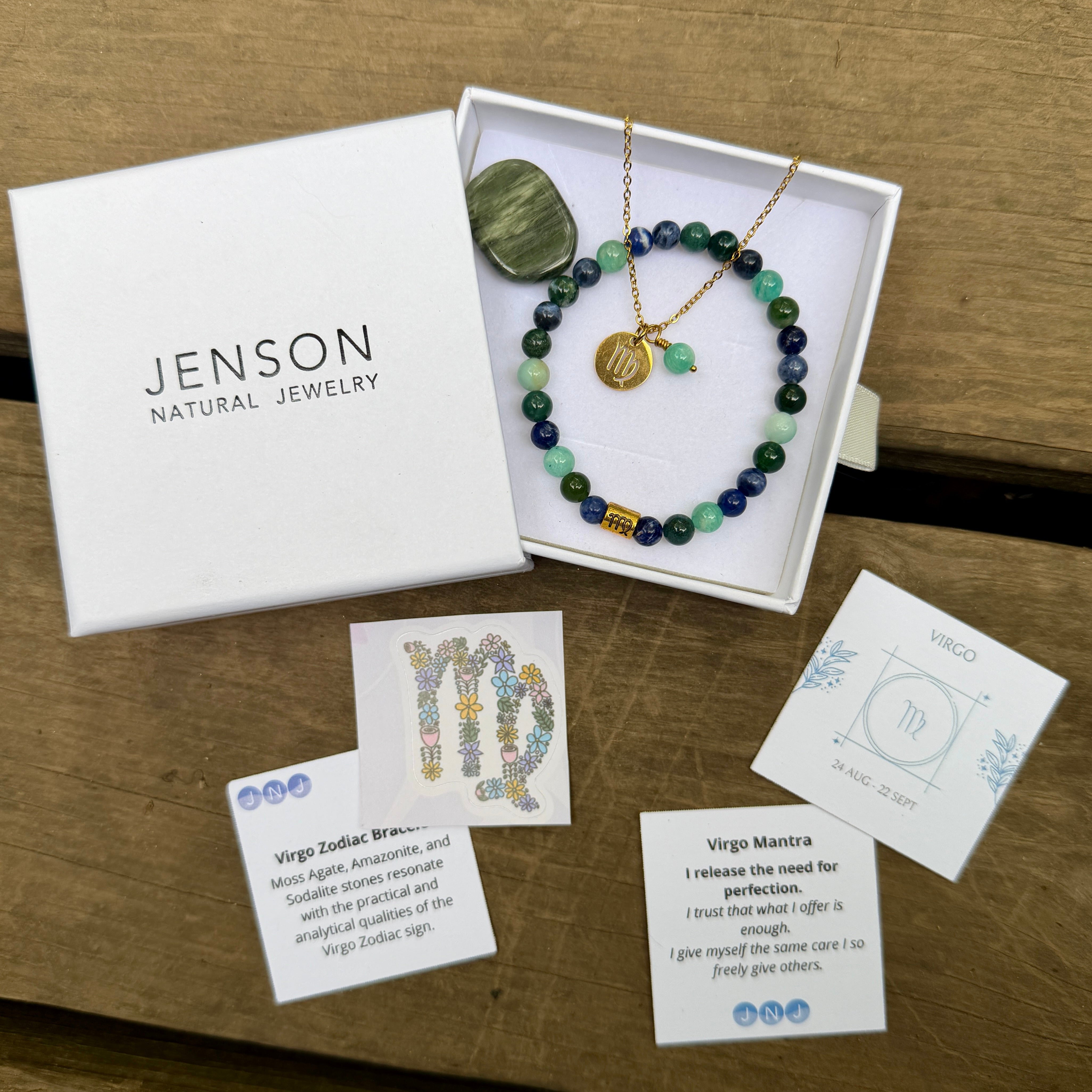 Virgo Zodiac Gift Box with gold jewelry, gemstone bracelet, necklace, Green Jasper touchstone, mantra card and sticker