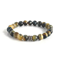 Load image into Gallery viewer, Blue and Blonde Tiger Eye Bead Bracelet This bracelet is made with high-quality Blue and Blonde Tiger Eye stones which bring confidence and optimism to the wearer. Zodiac Signs: Leo and Capricorn. Chakras: Root and Solar Plexus. Handmade with authentic cr
