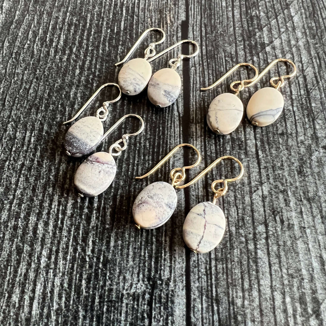 Porcelain Jasper Earrings These earrings are made with high-quality Porcelain Jasper gemstones which bring peace and confidence to the wearer. Zodiac Sign: Virgo. Chakras: Root and Heart. Handmade with authentic crystals & gemstones in Minneapolis, MN.