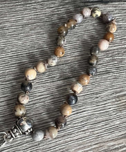 Load image into Gallery viewer, Black Moss Opal Wrist Mala This mala is made with authentic Black Moss Opal gemstones, which provide inspiration and prosperity for the wearer. Zodiac Signs: Scorpio &amp; Libra. Chakras: Root. Handmade with authentic crystals and gemstones in Minneapolis, MN
