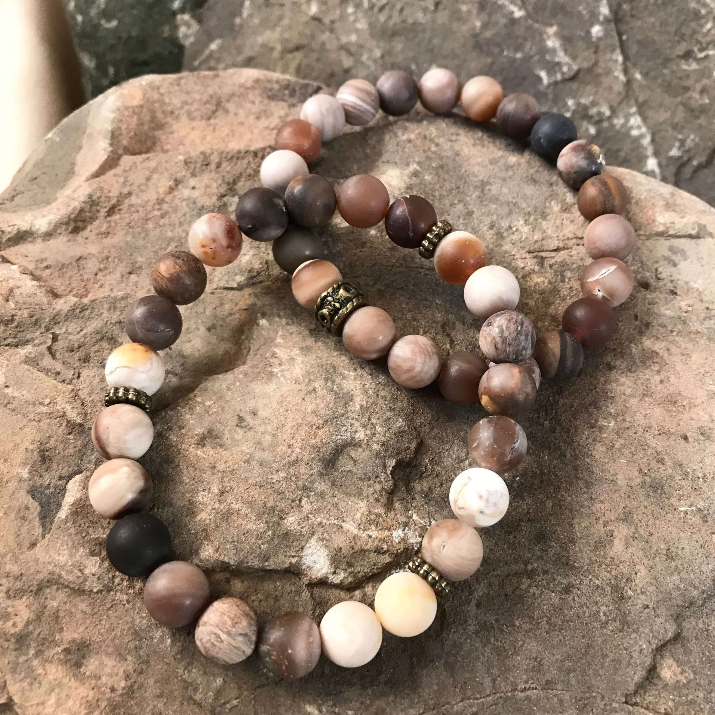 Wood Opalite Matte Bead Bracelet This bracelet is made with high-quality Wood Opalite gemstones which bring safety and security to the wearer. Zodiac Signs: Leo and Virgo. Chakras: Root and Sacral. Handmade with authentic crystals & gemstones in Minneapol