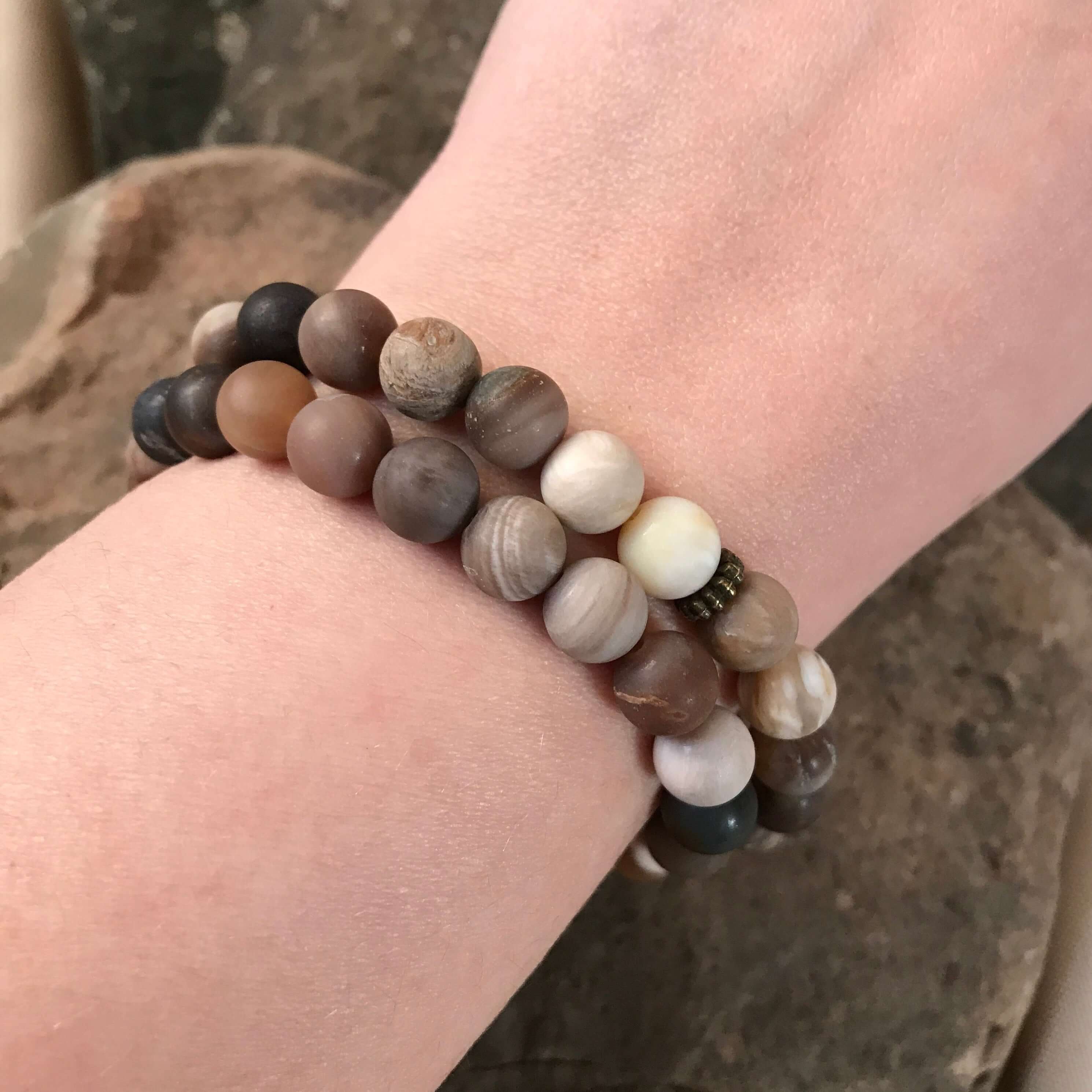 Wood Opalite Matte Bead Bracelet This bracelet is made with high-quality Wood Opalite gemstones which bring safety and security to the wearer. Zodiac Signs: Leo and Virgo. Chakras: Root and Sacral. Handmade with authentic crystals & gemstones in Minneapol