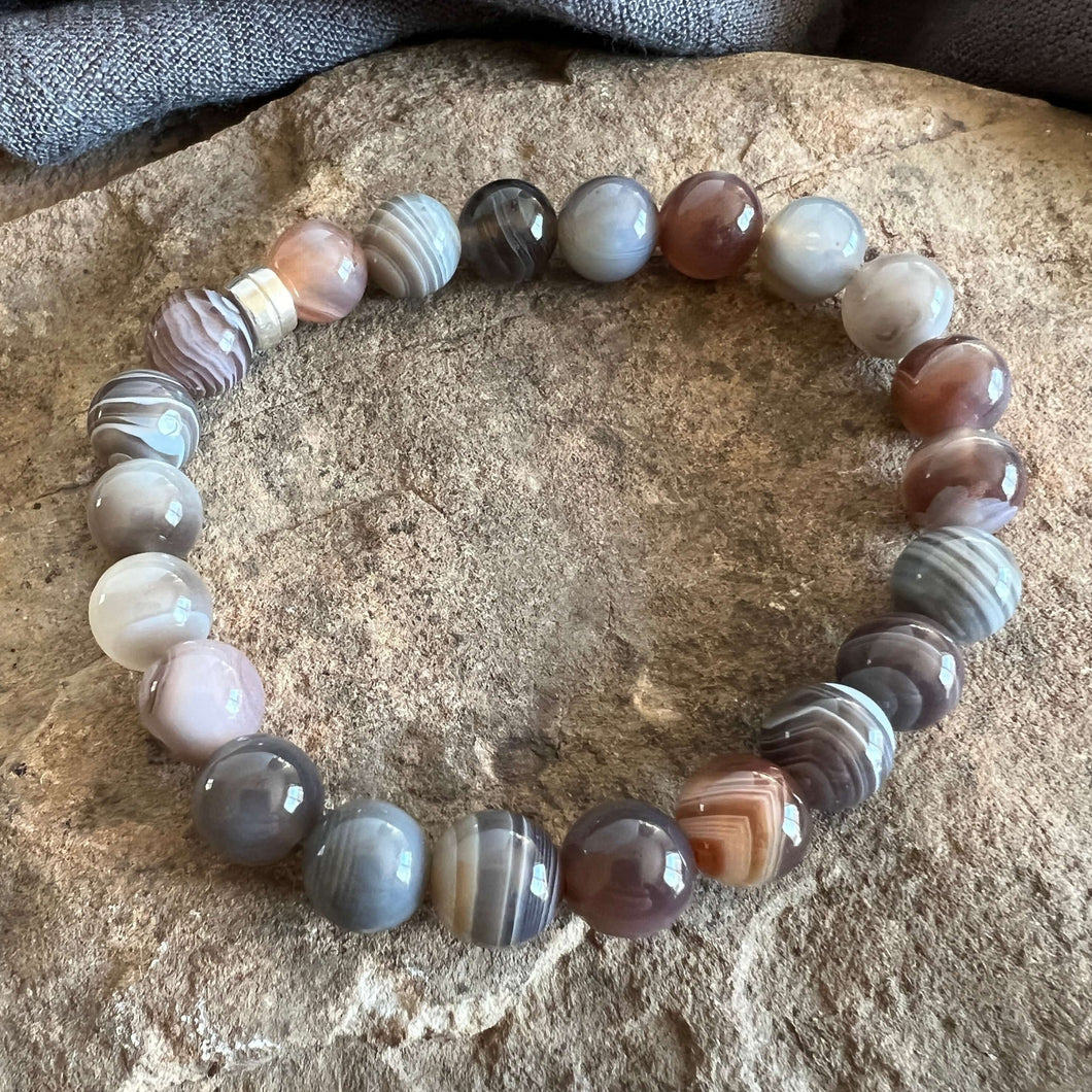 Botswana Agate Bracelet This bracelet is made from authentic Botswana Agate gemstones which bring comfort and hope to the wearer. Zodiac Signs: Gemini. Chakras: Root. Handmade with authentic crystals and gemstones in Minneapolis, MN.