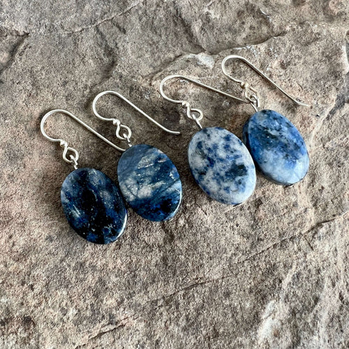 Dumortierite Earrings These earrings are made with Dumortierite gemstones which serve to create a stronger sense of self-reliance and patience in the wearer. Zodiac Signs: Leo. Chakras: Third Eye & Throat. Handmade with authentic crystals & gemstones in M
