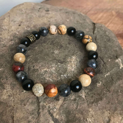 Jasper, Obsidian & Larvikite Bead Bracelet This bracelet is made with high-quality Jasper, Black Obsidian, and Larvikite stones which bring grounding, creativity, and wisdom to the wearer. Zodiac Signs: Aries, Virgo, Capricorn, Leo, and Aquarius. Chakras: