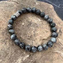 Load image into Gallery viewer, Larvikite Bracelet This bracelet is made with high-quality Larvikite stones which bring protection and a strong connection to nature to the wearer. Zodiac Signs: Aquarius. Chakras: Root and Third Eye. Handmade with authentic crystals &amp; gemstones in Minnea
