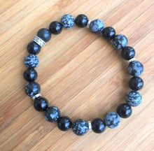 Load image into Gallery viewer, Black Obsidian &amp; Snowflake Obsidian Bracelet with metal accents
