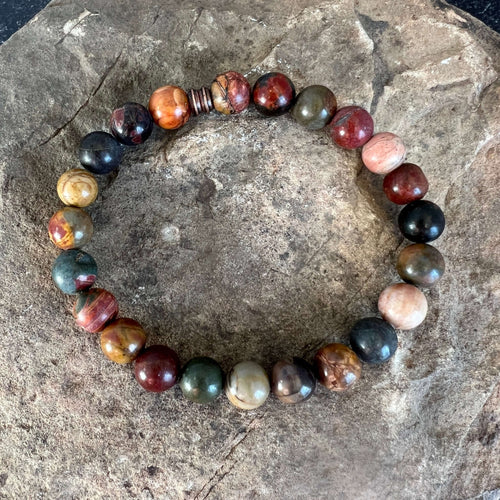 Red Creek Jasper Bracelet This bracelet is made with high-quality Red Creek Jasper gemstones which bring grounding energy to the wearer. Zodiac Signs: Aries and Scorpio. Chakras: Root and Sacral. Handmade with authentic crystals & gemstones in Minneapolis