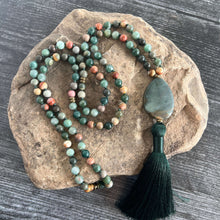 Load image into Gallery viewer, Forest Walk Mala This mala is made with high-quality Agate and Jasper gemstones which bring strength and tranquility to the wearer. Zodiac Signs: Leo, Gemini, Aries, Scorpio, and Virgo. Chakras: Third Eye, Root, Crown, and Heart. Handmade with authentic c
