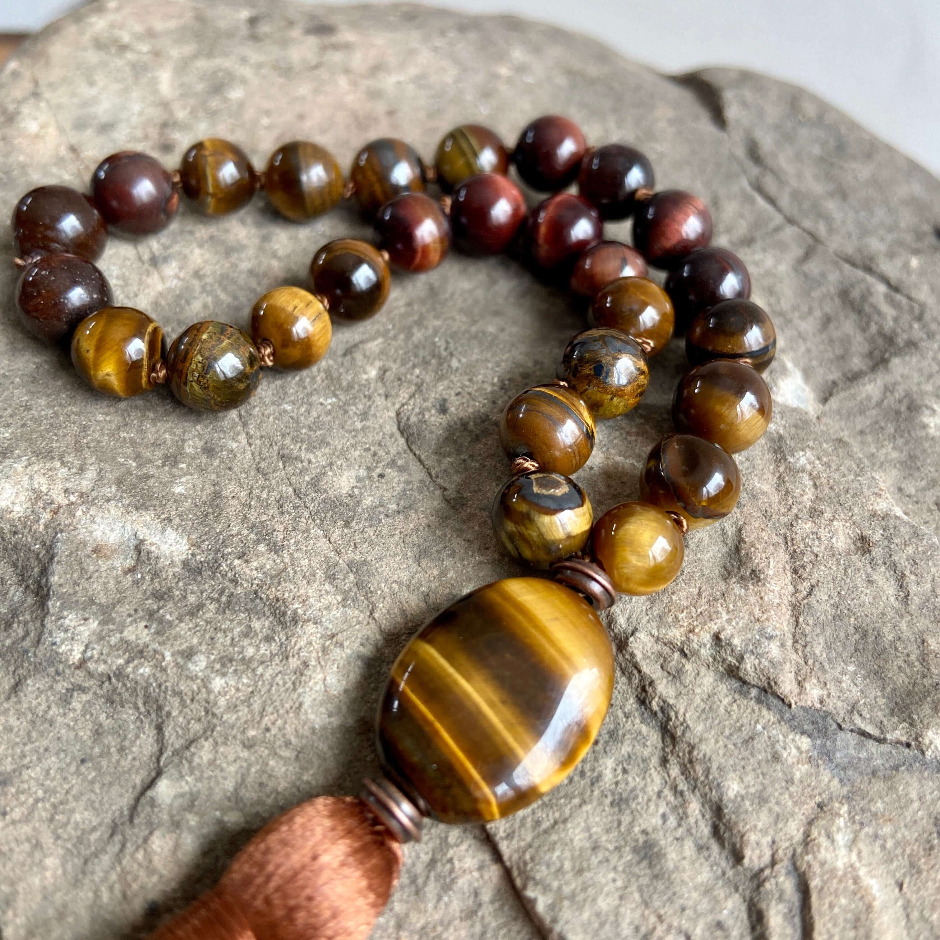 Tiger Eye Quarter Mala A mala is used as a meditation tool. In japa meditation, a mantra is repeated 108 times. A mala necklace has 108 stones. A quarter mala has 27 stones which means you can make 4 turns around the mala to complete your meditation. They