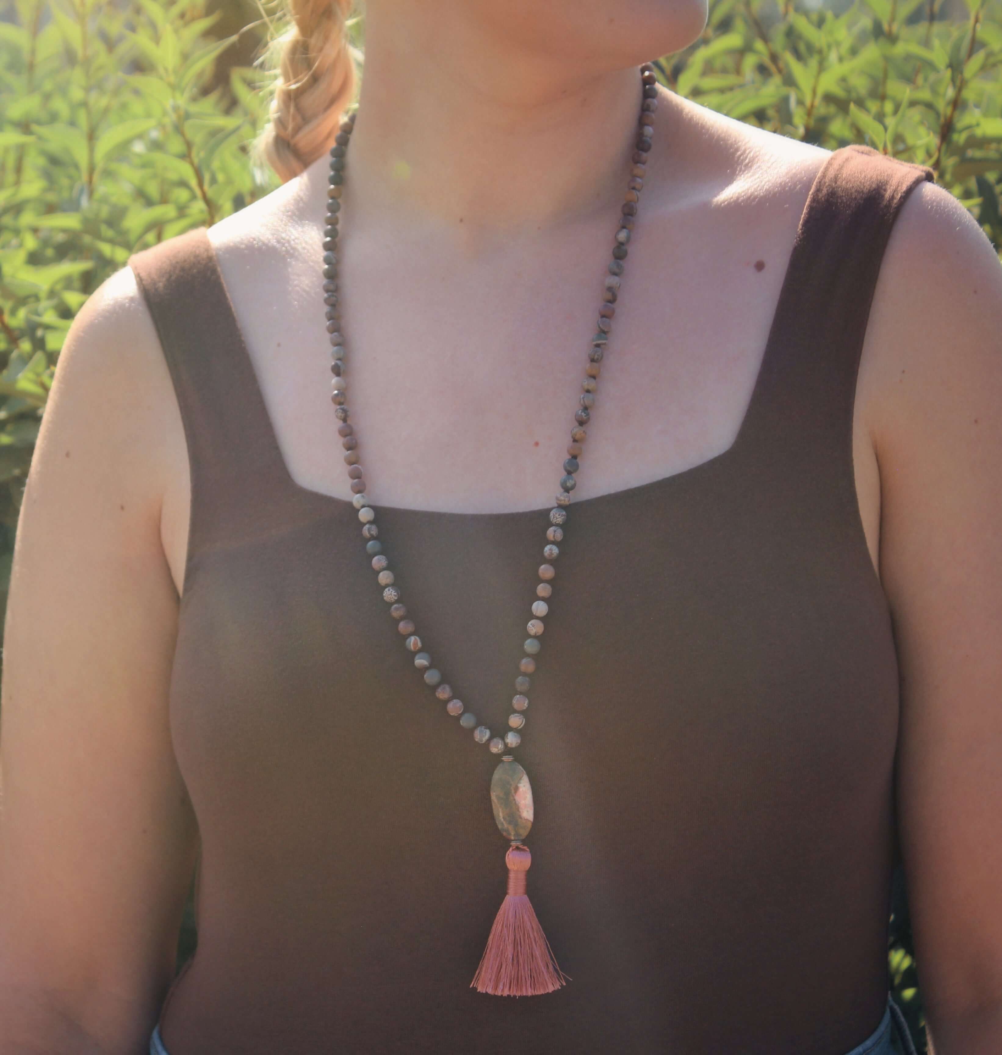 Sonora Jasper Mala This mala is made with high-quality Sonora and Red Creek Jasper gemstones which bring connection and tranquility to the wearer. Zodiac Signs: Aries and Scorpio. Chakras: Root and Sacral. Handmade with authentic crystals & gemstones in M