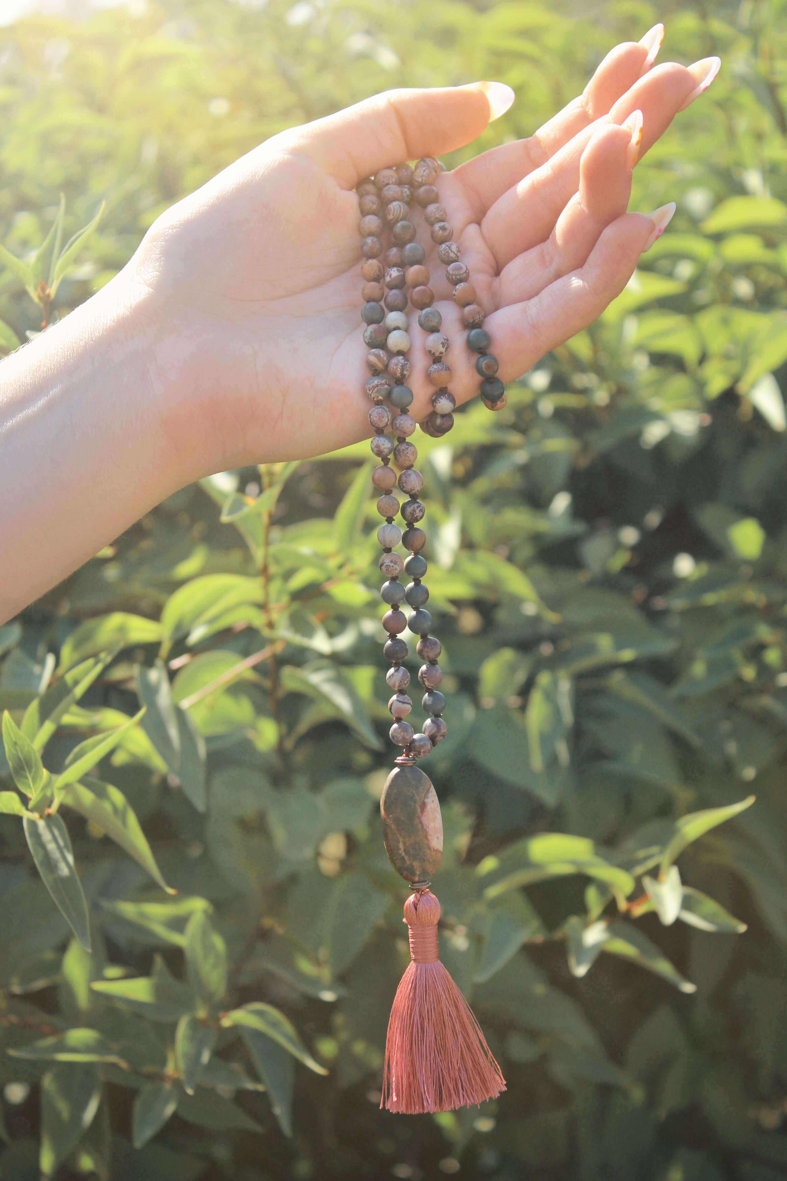 Sonora Jasper Mala This mala is made with high-quality Sonora and Red Creek Jasper gemstones which bring connection and tranquility to the wearer. Zodiac Signs: Aries and Scorpio. Chakras: Root and Sacral. Handmade with authentic crystals & gemstones in M