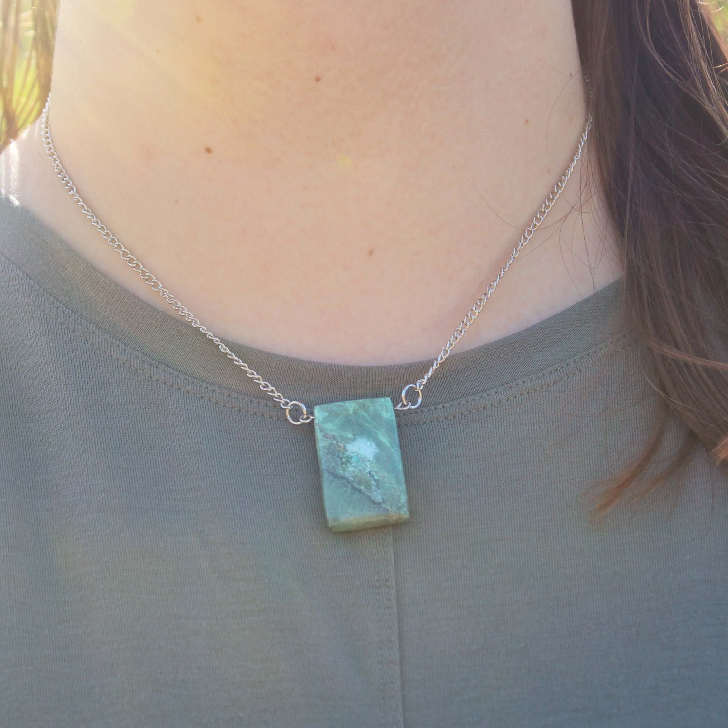 Turquoise Pendant Necklace This necklace is made with high-quality Turquoise gemstones which bring peace and alignment to the wearer. Zodiac Sign: Sagittarius. Chakras: Heart & Throat. Handmade with authentic crystals & gemstones in Minneapolis, MN.